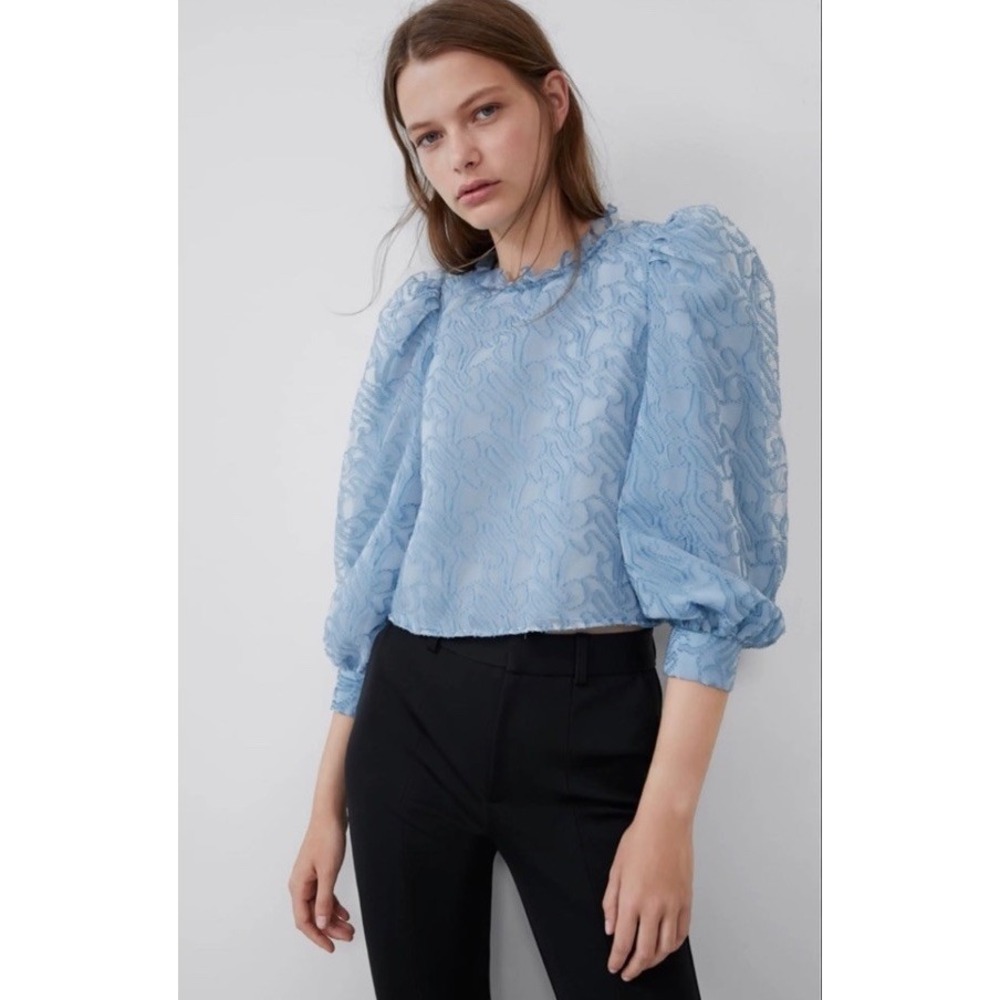 Zara Women's Blue Puff Sleeve Mesh Ruffle Textured Blouse Top Sz S